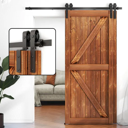 Miniatura 8 de Kit de herrajes para puerta corrediza de granero bypass de 9 pies, herrajes de puerta corredera de modo de riel combinado, puertas de madera dobles
