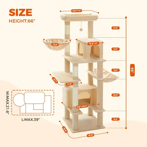 Miniatura 3 de PEQULTI Árbol para gatos de interior de 66 pulgadas, torre alta para gatos grandes con poste rascador, hamaca de metal súper grande y 2 condominios