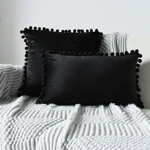 Miniatura 13 de vctops Funda de cojín lumbar con pompones, de terciopelo suave, sólida, decorativa, para sofá, dormitorio o automóvil, 1 pieza