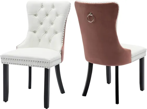Miniatura 27 de Juego de 2 sillas de comedor de terciopelo, silla de comedor tapizada de alta gama con tirador de anillo en la espalda, adorno de clavos y patas