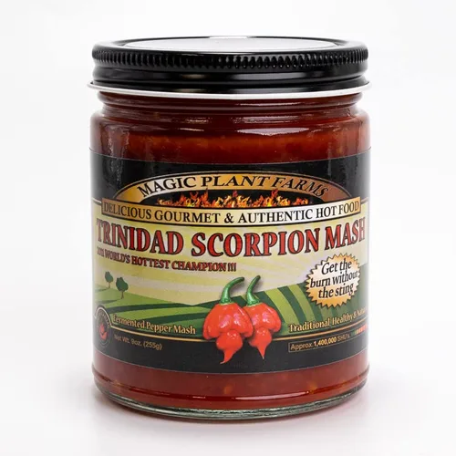 Magic Plant - Puré de mantequilla de pimienta escorpión extremadamente caliente de Magic Plant obtienes 2 frascos (9 onzas) de nuestros chiles