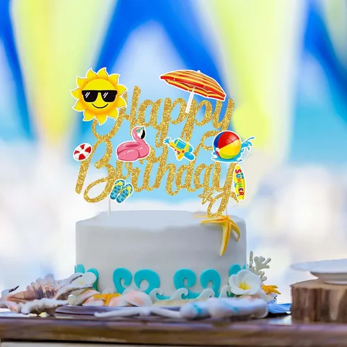 Miniatura 8 de Decoración hawaiana de verano para tartas de playa, decoración de pastel de cumpleaños, decoración de pastel de cumpleaños con purpurina para Oro