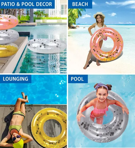 Miniatura 3 de Paquete de 4 flotadores inflables para piscina para niños, anillos flotantes de piscina rellenos de confeti brillante, lindos flotadores de piscina