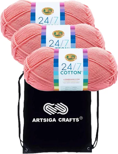 Lion Brand 24/7 Algodón Rosa 761-101 (3 carretes - mismo lote de tinte) Hilado medio #4 de algodón para crochet y tejer con bolsa de proyecto