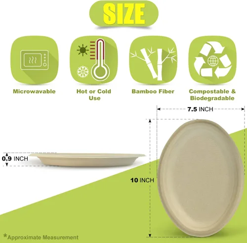 Miniatura 6 de Green Earth, Platos compostables de 10 pulgadas, 125 unidades, fibras de bambú naturales, vajilla diaria – Biodegradable, desechable, forma ovalada