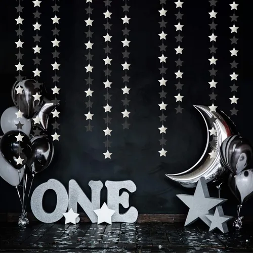 Miniatura 5 de Guirnalda de decoración de cumpleaños y graduación en negro y plata - 18.9 metros de serpentinas brillantes con purpurina y estrellas colgantes