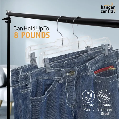 Miniatura 4 de Perchas transparentes de alta calidad para pantalones de 14 pulgadas con clips ajustables, paquete de 12 perchas para faldas que ahorran espacio