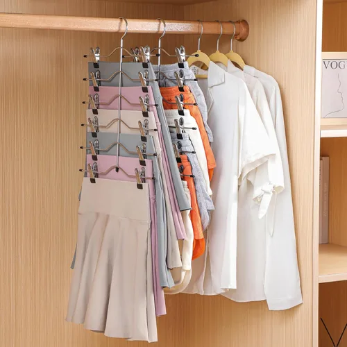 Miniatura 6 de Perchas para pantalones de varias capas, perchas de falda de 6 niveles con clips ajustables, organizador de armario antideslizante que ahorra