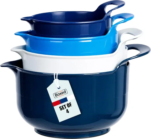 BoxedHome Paquete de 4 Tazones de Mezcla Anidables con Pico Vertedor y Asa, Tazón Grande de Mezcla de Plástico sin BPA Apto para Microondas y Azul