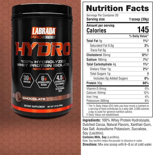 Miniatura 5 de LABRADA Hydro Polvo Aislado de Proteína de Suero Hidrolizado 100% Puro, Sin Lactosa, Digestión Más Rápida, Mezcla Instantánea, Sabor Delicioso, 20