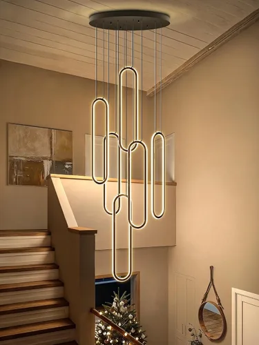 Miniatura 15 de Flashing God Candelabro moderno, candelabros cromados con 6 anillos LED, lámpara de techo alto más grande para sala de estar, lámpara rectangular