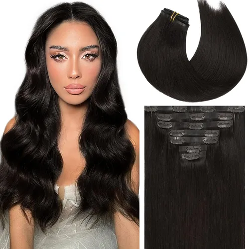 Miniatura 36 de Caliee Extensiones de cabello con pinzas de cabello humano 14 pulgadas Color 1 Negro azabache trama doble invisibles Extensiones de cabello humano