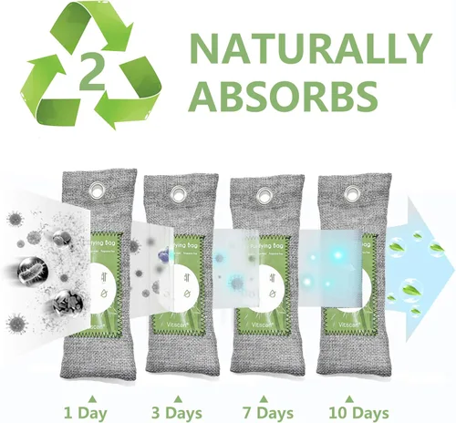 Miniatura 5 de Paquete de 6 bolsas purificadoras de aire de carbón de bambú, bolsas de carbón activado absorbedoras de olores, absorbente de humedad, ambientador