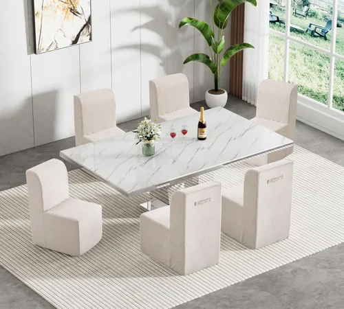 Miniatura 18 de Juego de mesa de comedor de mármol sintético blanco para 10, juego de mesa de comedor extensible de 11 piezas de 63 a 94 pulgadas con 10 sillas