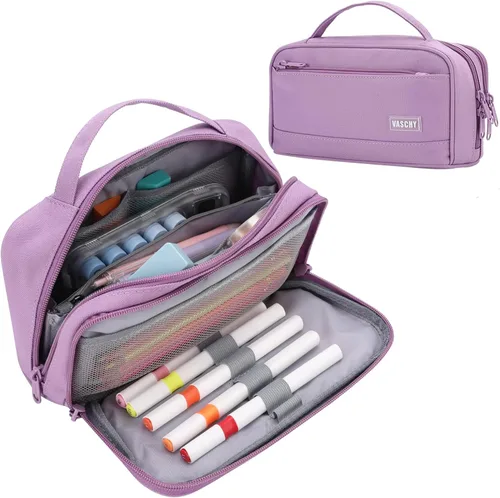 Miniatura 10 de VASCHY Estuche para lápices, organizador grande con cremalleras y asa superior, suministros escolares para niños, adolescentes, estudiantes