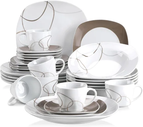 Miniatura 22 de VEWEET, Serie Fiona - Juego de vajilla de 30 piezas para 6 personas, blancos con rayas negras y grises, vajilla de porcelana de platos de postre