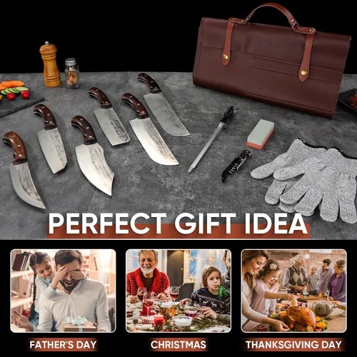Miniatura 2 de TIJERAS Juego de 14 piezas de cuchillos de carnicero para cortar carne, cuchillos de chef japoneses premium con bolsa, juego de cuchillos de cocina
