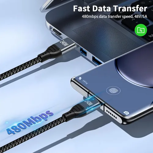 Miniatura 3 de Duttek Cable USB C de 240 W de 3 pies/3.3 ft, cable USB C a USB C PD 3.1, cable trenzado USB C macho a macho de nailon con chips inteligentes E-Mark