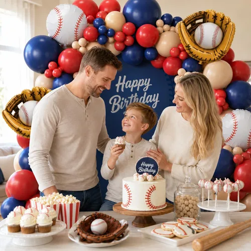 Miniatura 4 de Decoraciones de fiesta de cumpleaños de béisbol, arco de globos azul marino, rojo y nude con globos de papel de aluminio con guante de béisbol