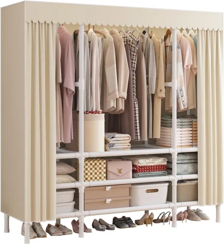 Miniatura 14 de Armarios portátiles para colgar ropa, perchero con funda, armario portátil con 1 varillas para colgar, 2 estantes de almacenamiento, 27.5 pulgadas