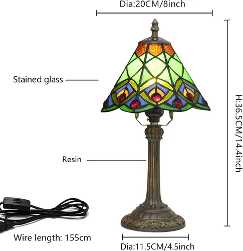 Miniatura 3 de Lámpara de mesa pequeña Tiffany verde de vidrio teñido con cola de pavo real para dormitorio, estilo retro, decoración única, linda y divertida