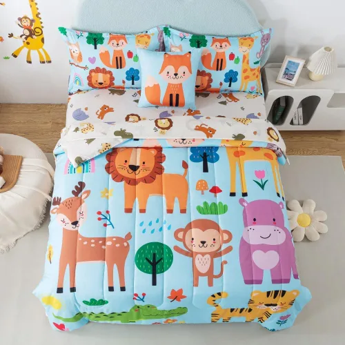 lishjekee Juego de edredón de 6 piezas con diseño de animales de la selva para niños, juego de ropa de cama en una bolsa para niños y niñas,