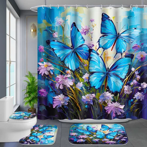 Miniatura 11 de Poedist - Juego de cortinas de ducha para baño, 4 piezas, estampado de leopardo rosa, estilo brillante, incluye cortinas de ducha y tapetes