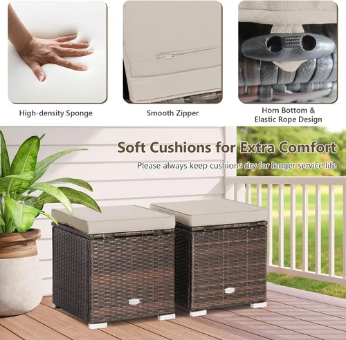 Miniatura 5 de Tangkula 2 Piezas de Otomanos de Patio, Mesa Lateral de Ratán PE Tejido a Mano Patiojoy con Cojín Removible y Espacio de Almacenamiento Oculto, Caja