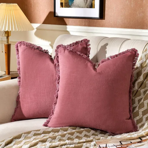 Miniatura 12 de AmHoo Paquete de 2 fundas de almohada de lino con borlas con flecos decorativas rústicas naturales para cojín de sofá, sofá, dormitorio 16 x 16 Beige