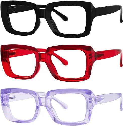Miniatura 30 de Eyekepper Paquete de 4 lentes de lectura con bloqueo de luz azul, anteojos cuadrados de computadora de gran tamaño +0.00