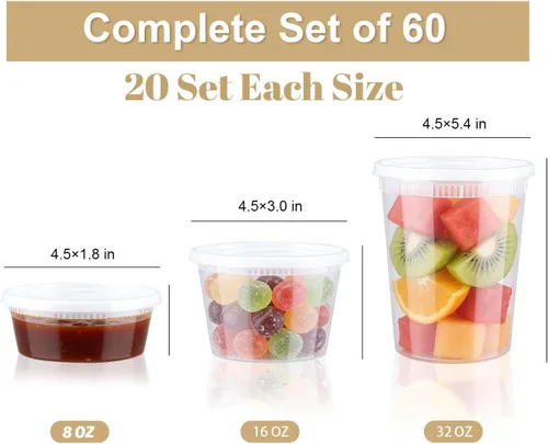 Miniatura 2 de Clawsoff Juego de 60 recipientes de delicatessen con tapas, 32/16/8 onzas x 20 unidades cada uno, a prueba de fugas y sin BPA, herméticos