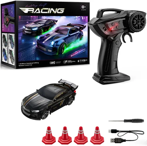 Mini coche de deriva RC a escala 1:64 con giroscopio proporcional completo RTR 2.4Ghz control remoto con luces RGB (04-negro)