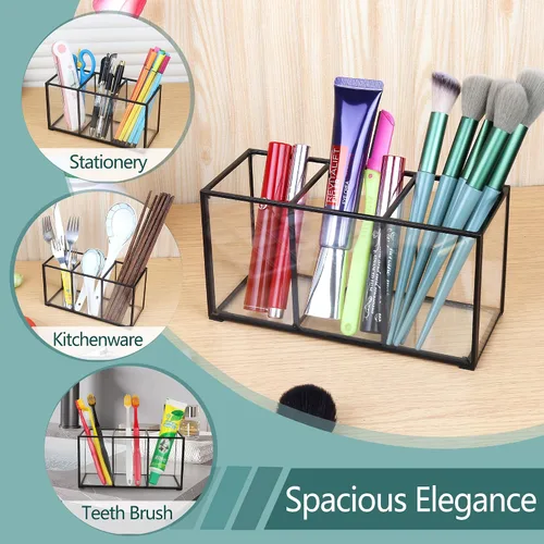 Miniatura 6 de ELEGANTLIFE Organizador de brochas de maquillaje de vidrio transparente, lujoso soporte de almacenamiento de cepillos de cosméticos de vidrio Negro