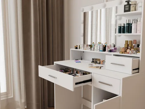Miniatura 8 de Escritorio de tocador con espejo y luces, mesa de tocador de maquillaje con toma de corriente USB, cajón y estantes de almacenamiento, armario