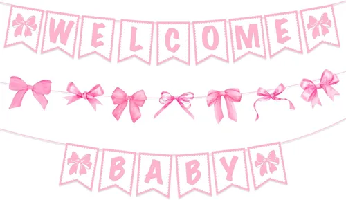 Decoraciones de baby shower, 3 piezas de letrero de bienvenida para bebé, carteles con temática de lazos rosados, suministros para fiesta de