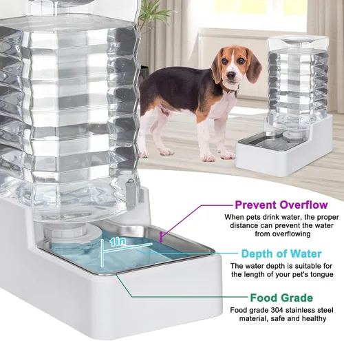 Miniatura 5 de Dispensador automático de agua para mascotas: cuenco de acero inoxidable alimentado por gravedad de 9 L - Alimentador blanco de gran capacidad sin