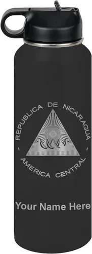 Miniatura 70 de LaserGram Botella de agua personalizada, bandera de Nicaragua, acero inoxidable de doble pared aislada al vacío con popote superior, regalo grabado