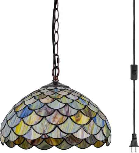 Miniatura 20 de Lámpara Colgante de Vidrio Emplomado Estilo Tiffany con Enchufe, 12" de Ancho Diseño de Glicinia Lámpara Colgante, Cadena de 60 Pulgadas Cable de 15