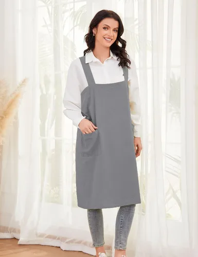 Miniatura 5 de Schine Pinafore de algodón con espalda cruzada para mujer, con bolsillos grandes, prácticos delantales para trabajos de jardinería, cocina, Gris