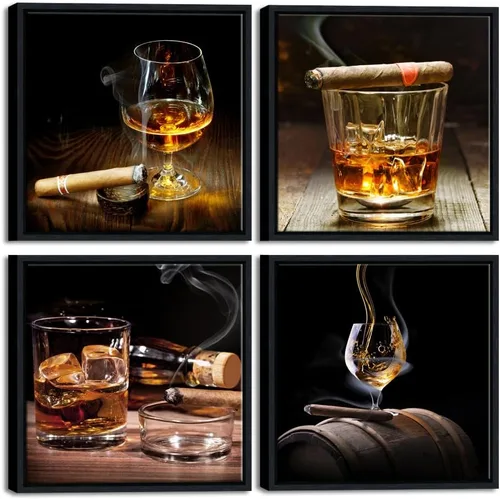 Pyradecor Arte de pared enmarcado negro, 4 piezas, cigarro, vino, whisky, lienzo, licor, bodegón, pinturas para cocina, bar, pub, decoración del