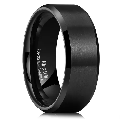Miniatura 57 de King Will Anillo de boda de tungsteno para hombre, disponible en 15/64 a 25/64 de pulgada (6 a 10 mm), negro/plata, acabado mate, borde pulido