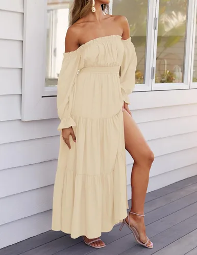 Miniatura 62 de ZESICA - Vestido largo, bohemio y sexy, con hombros descubiertos y manga larga fruncida, con elástico fruncido, cintura alta y abertura lateral