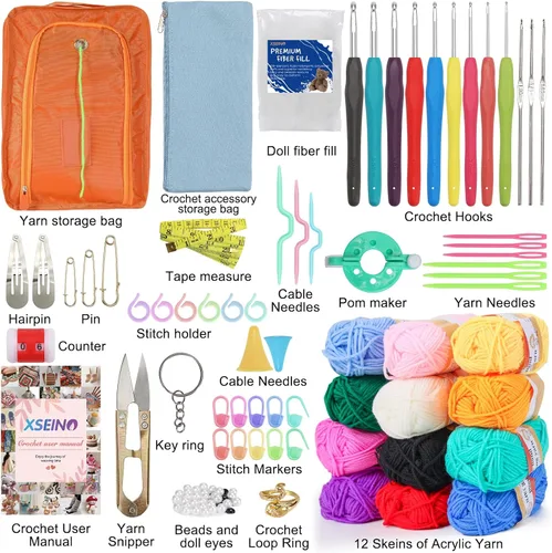 Miniatura 2 de XSEINO Kit de ganchillo para principiantes, kit de inicio de ganchillo con tutoriales en video paso a paso, kit de aprendizaje para principiantes