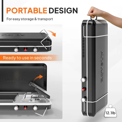 Miniatura 3 de ROVSUN Estufa de camping portátil 2 en 1 y parrilla de propano con plancha de esmalte y encendedor piezoeléctrico, estufa de campamento de mesa