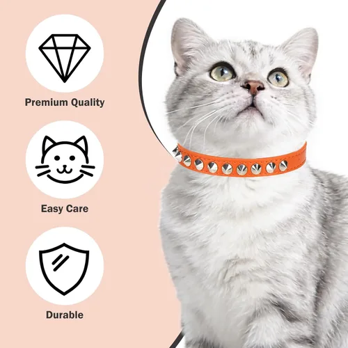 Miniatura 3 de Collares de Cuero para Gatos Niño Niña con Campana y Cinturón Elástico de Seguridad, Remaches Personalizados con Tachuelas Collar de Hebilla Segura