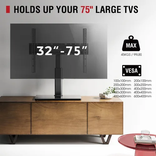 Miniatura 4 de Soporte giratorio universal para TV de 32 a 75 pulgadas con inclinación hacia arriba/abajo, soporte de mesa para TV de 8 niveles de altura ajustable