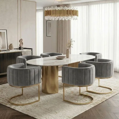 Miniatura 21 de Hyfirm Juego de 2 sillas de comedor de barril beige y dorado, modernas sillas tapizadas de terciopelo con respaldo curvado para isla de cocina