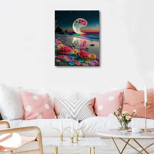 Miniatura 2 de Kit de pintura por números de playa con rocas para adultos, Moonbend DIY Kit de pintura al óleo, lienzo nocturno, pigmento acrílico, pintura