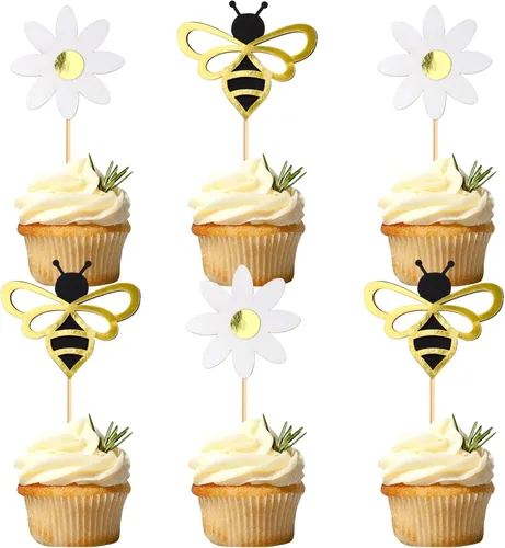 Miniatura 15 de Ercadio 24 piezas de decoración de cupcakes de abeja con purpurina de nido de abeja y miel para temática de abejas, baby shower, niños y niñas