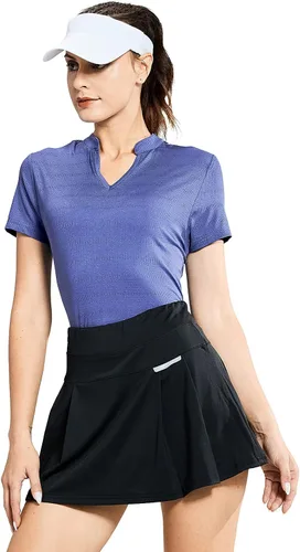 Miniatura 7 de MIER Polo de golf para mujer, sin cuello, UPF 50+, manga corta, para tenis, correr, cuello en V